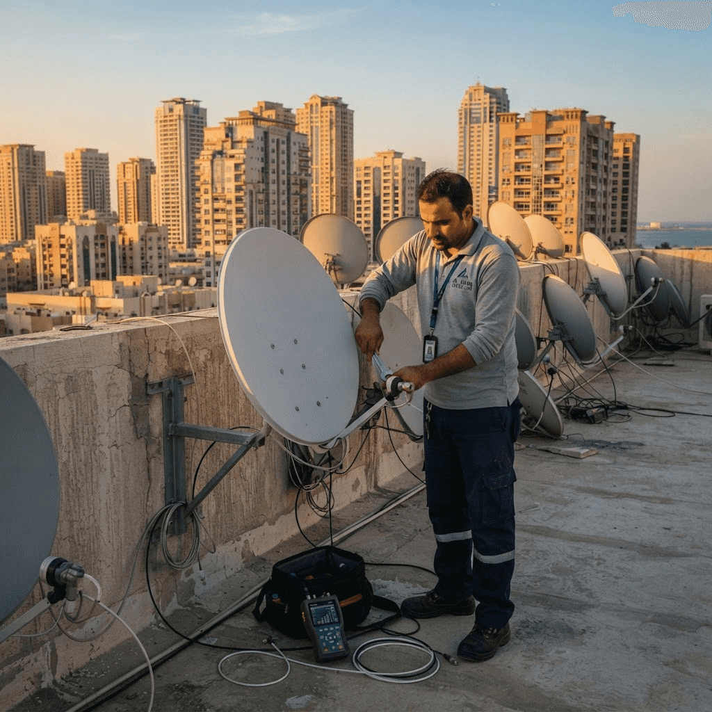 فني ستلايت يقوم بتركيب طبق ستلايت على أحد أسطح المباني في عجمان